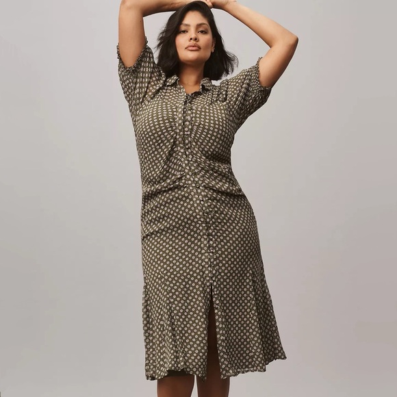 By Anthropologie Puff-Sleeve Ruched Midi Shirt Dress